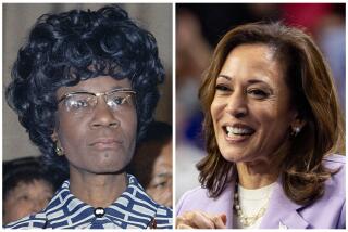 Left, Shirley Chisholm (Rep. N.Y.) announcing her candidacy for the presidency in Brooklyn, New York on Jan. 25, 1972. Right, Vice President Kamala Harris and Governor Tim Walz Campaign Rally in Las Vegas on Saturday, Aug. 10, 2024 in Las Vegas, NV. ( (AP Photo/Jim Wells, Jason Armond / Los Angeles Times)