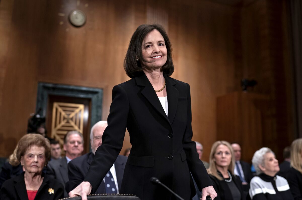 Judy Shelton appears before the Senate Banking Committee on Feb. 13.
