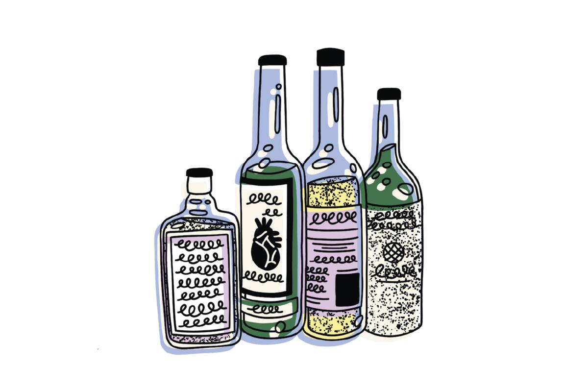 Illustration of liquor bottles.