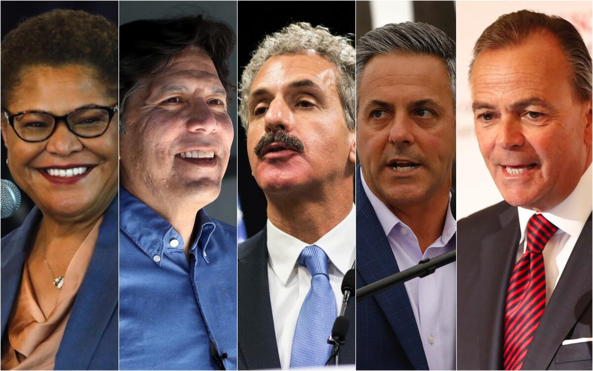 L.A. mayoral candidates Karen Bass, Kevin de León, Mike Feuer, Joe Buscaino and Rick Caruso.