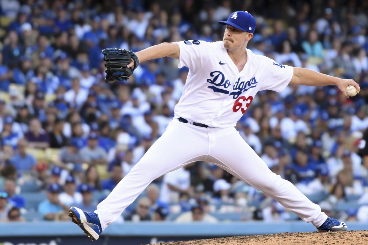 Dodgers relief pitcher Justin Bruihl delivers a pitch during Game 3 of the 2021 NLCS at Dodger Stadium.