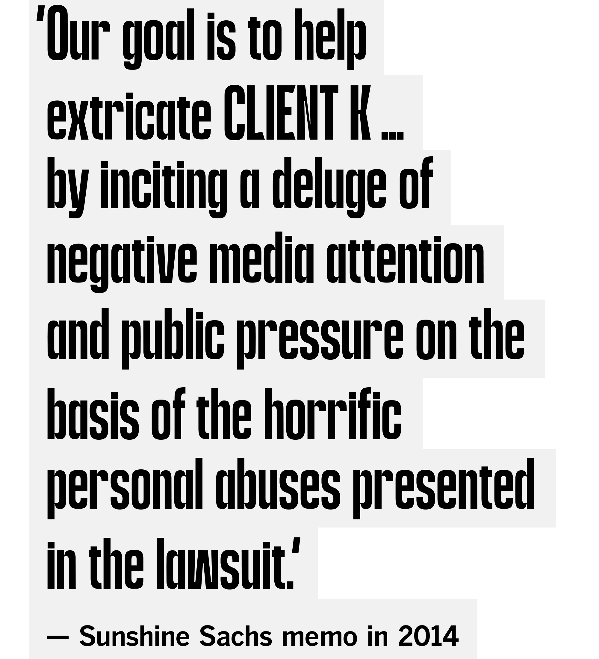 ‘Our goal is to [incite] a deluge of negative media attention ... on the basis of horrific personal abuses.’ Sunshine Sachs