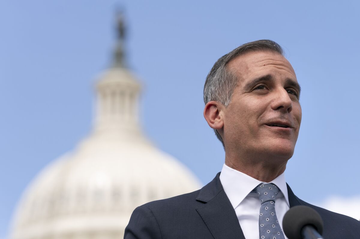 Los Angeles Mayor Eric Garcetti speaks at a news conference on Capitol Hill in Washington in May.