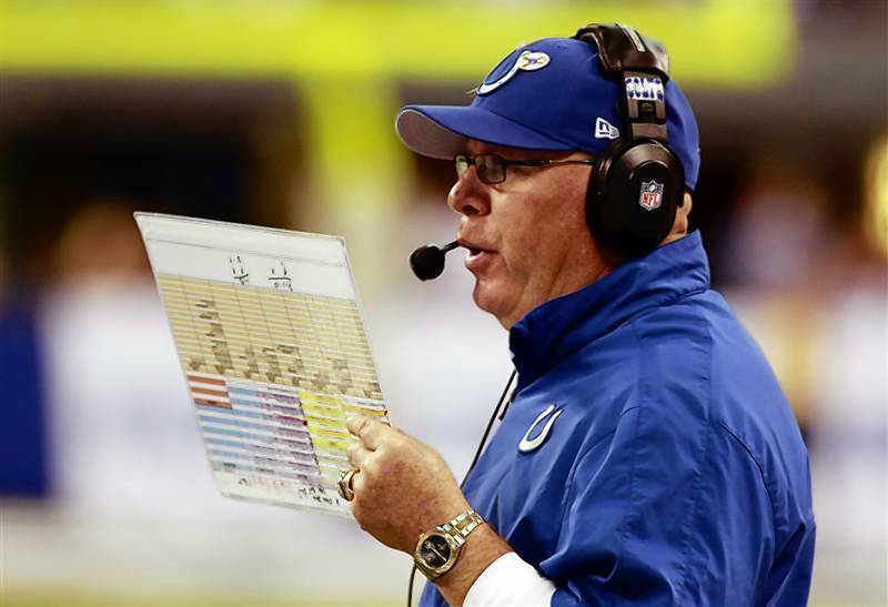 Then interim Colts head coach Bruce Arians reads from his play sheet during an NFL football game in Indianapolis. Arians was announced as the new head coach of the Arizona Cardinals.