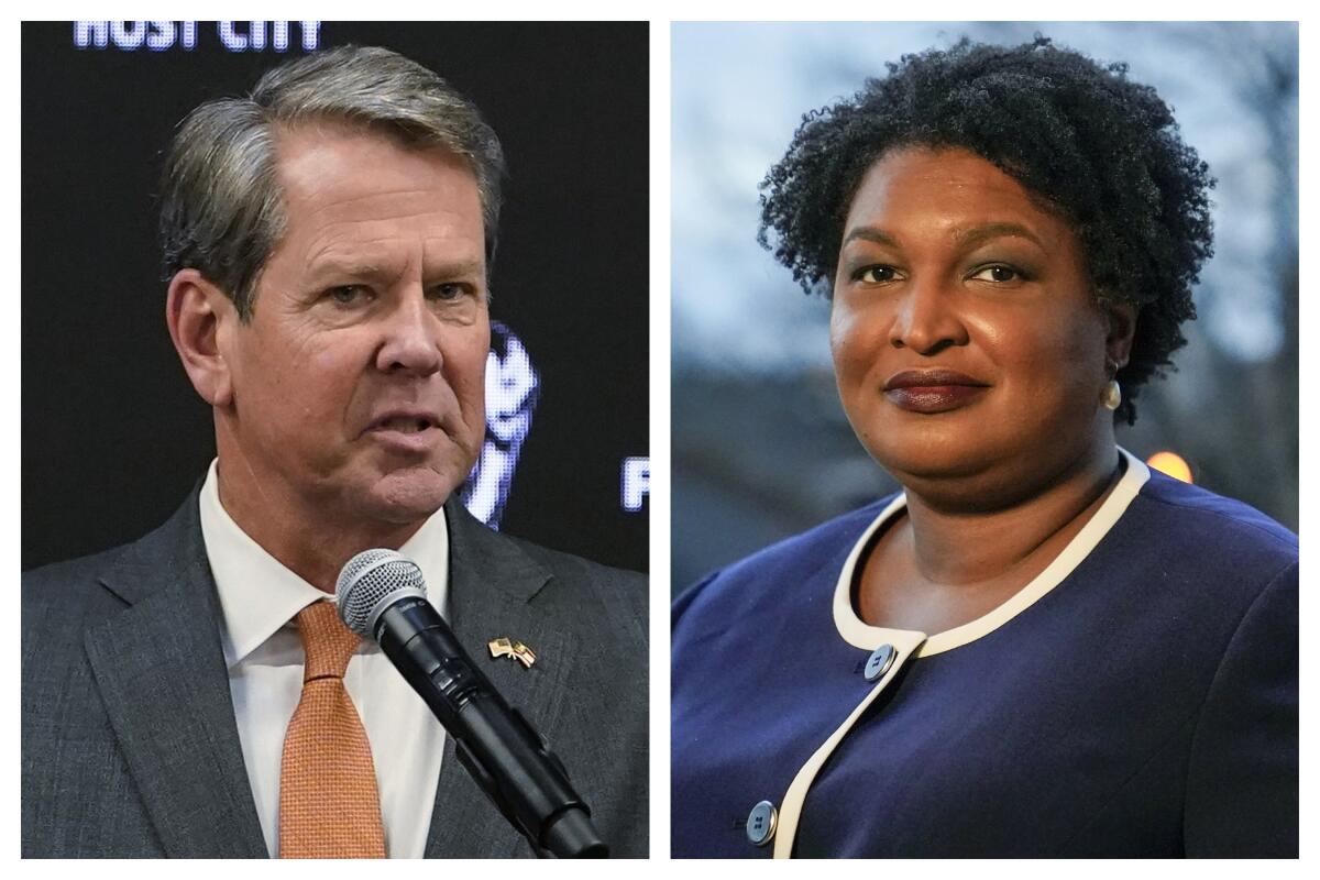 FILE - This combination of 2022 and 2021 file photos shows Georgia Gov. Brian Kemp, left, and gubernatorial Democratic candidate Stacey Abrams. Abrams announced Friday, July 8, 2022 that she had raised $22 million for her campaign in the two months ended June 30, far outdistancing the $6.8 million that Kemp raised during that time. (AP Photo/Brynn Anderson, File)