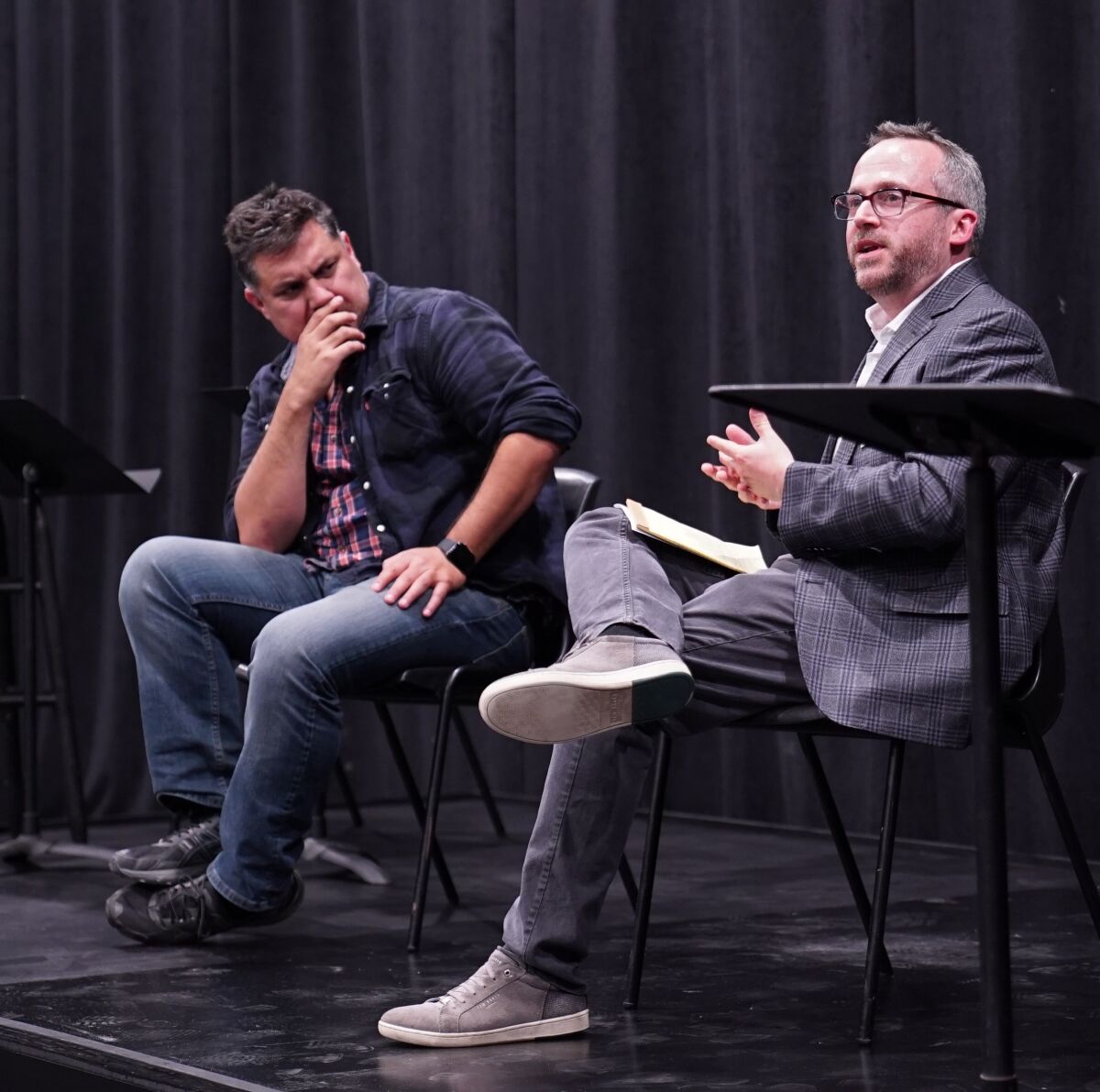 Gabriel Greene (right) leads a past DNA New Work Series audience talkback with playwright Guillermo Calderón.