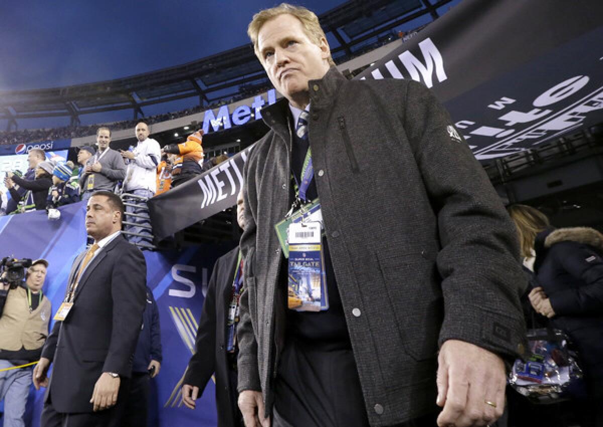 NFL Commissioner Roger Goodell watches pregame ceremonies for Super Bowl XLVIII at MetLife Stadium.