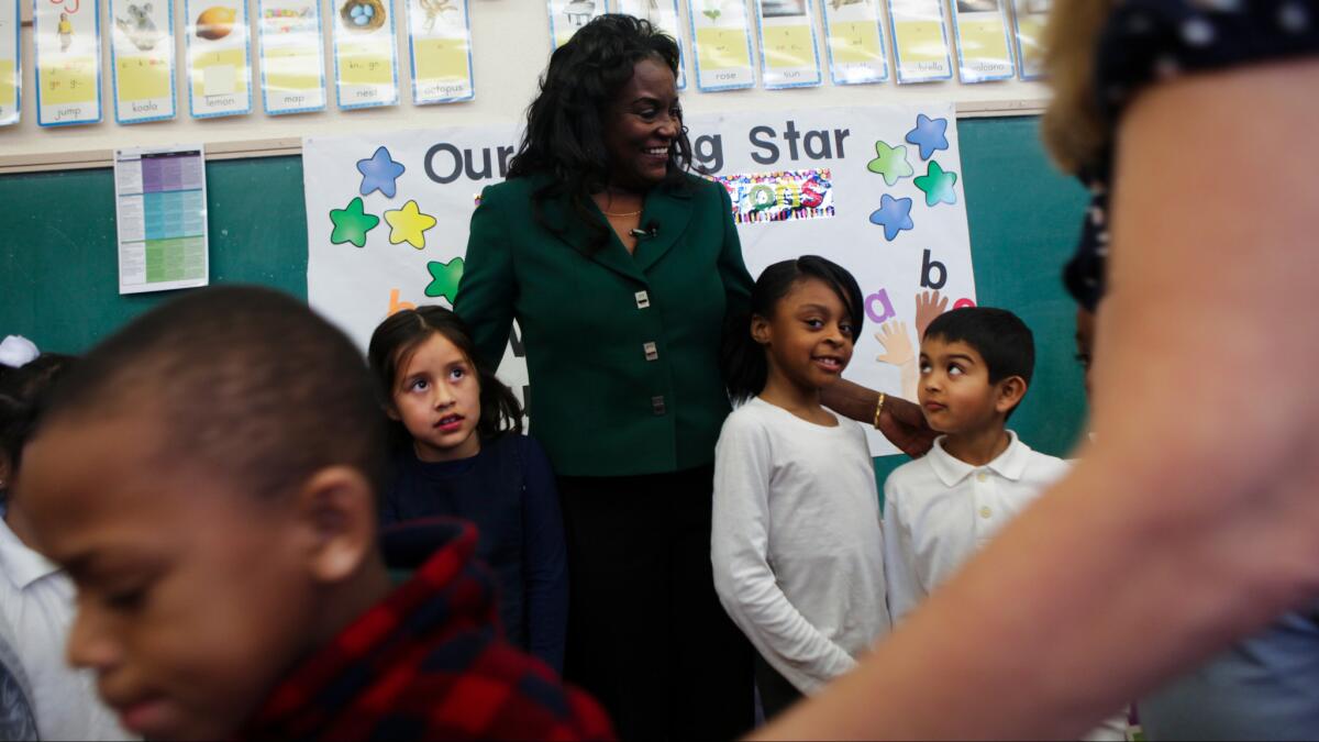 L.A. Unified Supt. Michelle King with students at Century Park Elementary School in January.