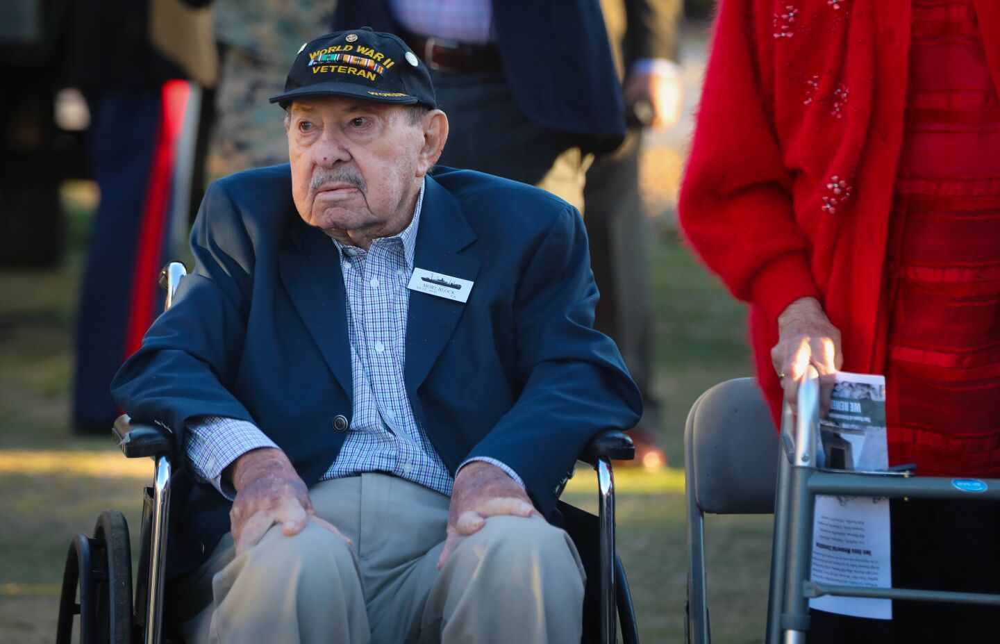 World War II Navy veteran of the Battle of Iwo Jima, Mort Block, of Carlsbad, listens during the commemoration ceremony for the 75th anniversary of the famous battle battle, at Camp Pendleton, February 15. This is the last time the Iwo Jima Commemorative Committee is planning to hold a formal West Coast gathering of veterans of the battle.
