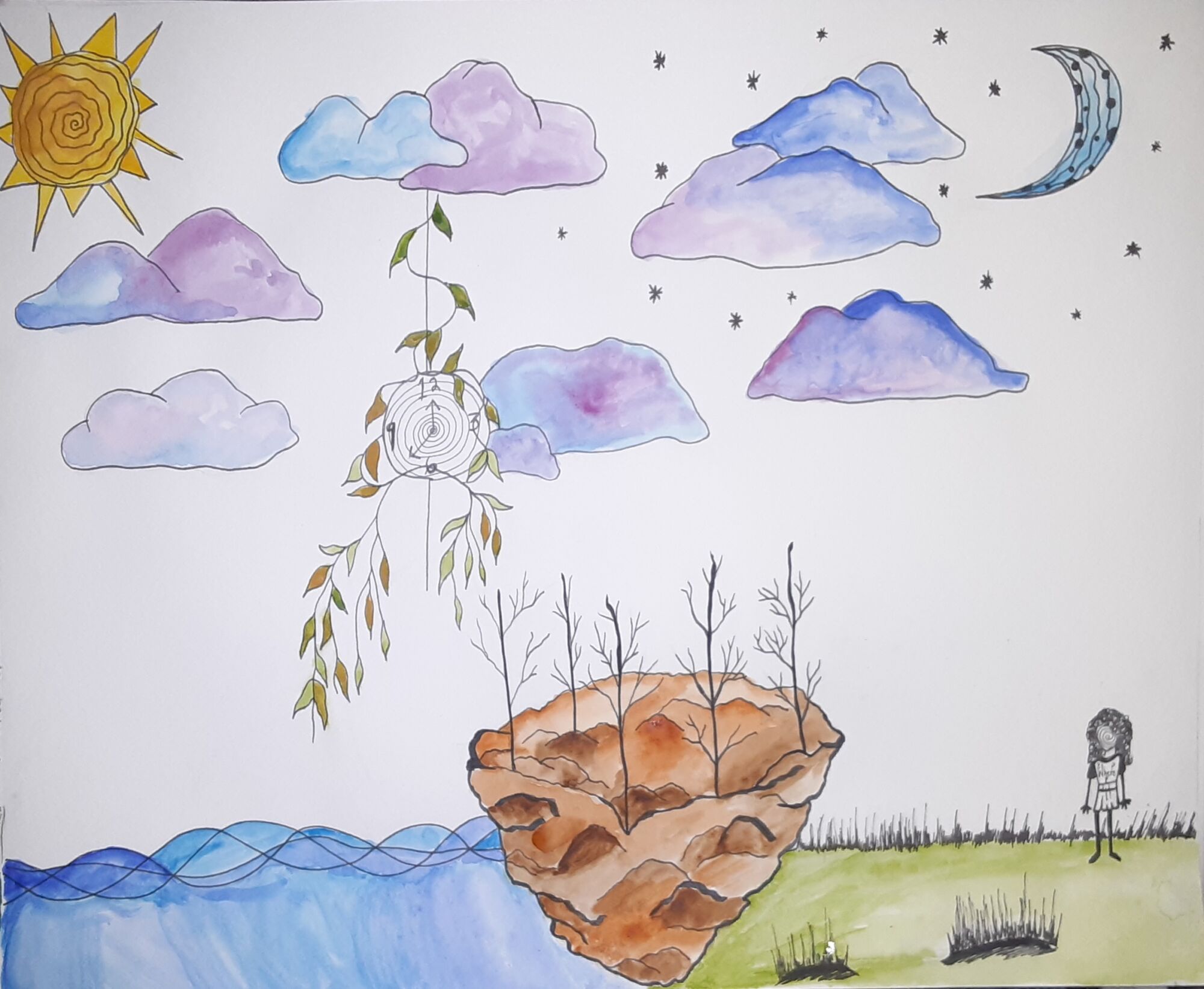 Watercolor of a girl in nature beside an earthen boat lined with leafless trees, below blue and purple clouds