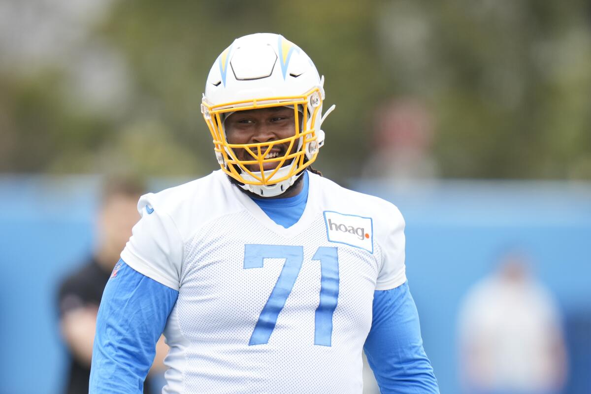 Chargers offensive lineman Jordan McFadden smiles during rookie minicamp in May.