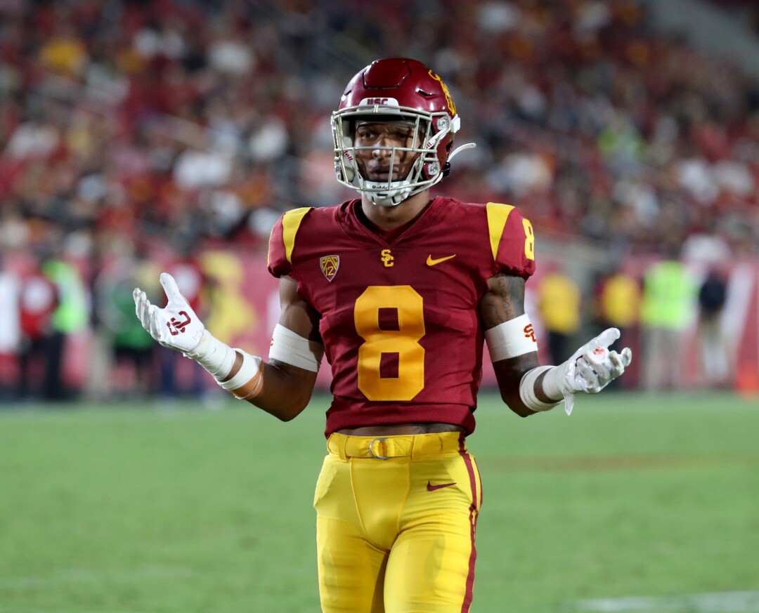 USC cornerback Chris Steele racts after being flagged for pass interference against Stanford in the third quarter