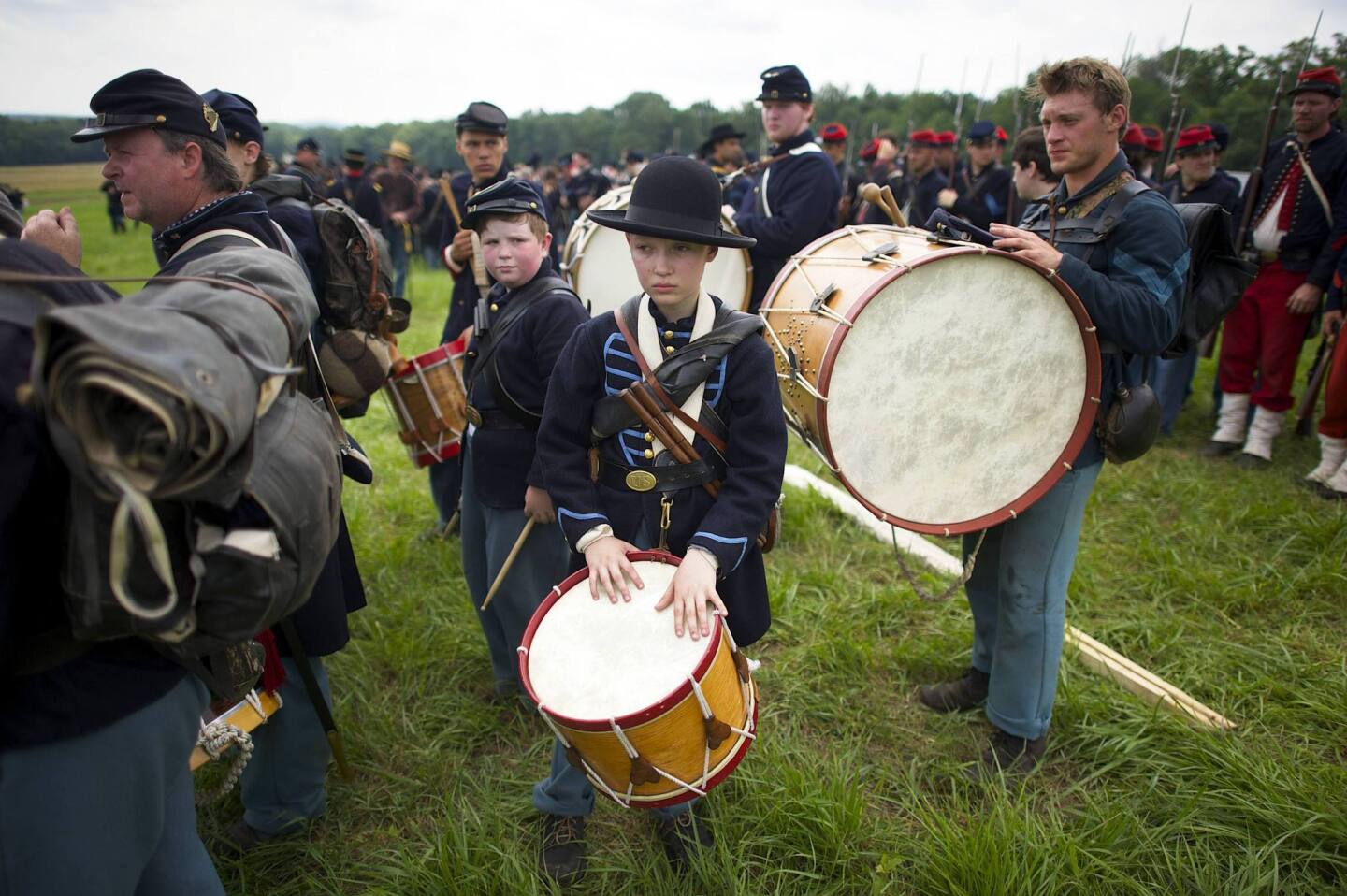 Union volunteer drummer boys during reenactment of Battle of Gettysburg, in Gettysburg