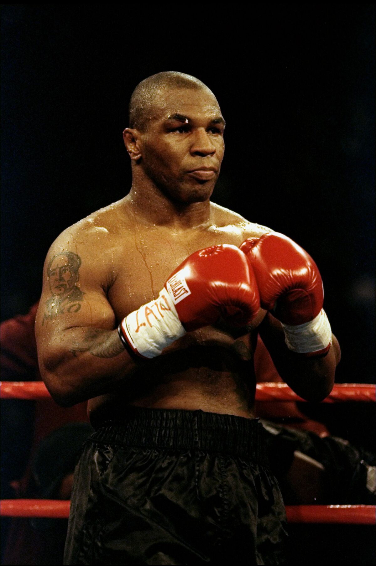 Mike Tyson stands with his boxing gloves up in front of his chest 