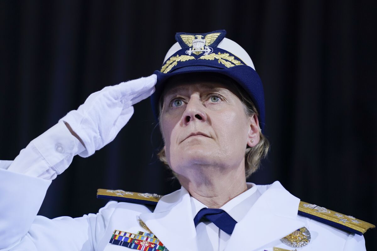 Adm. Linda Fagan attends a change of command ceremony at U.S. Coast Guard headquarters, Wednesday, June 1, 2022, in Washington. Adm. Karl L. Schultz is being relieved by Fagan as the Commandant of the U.S. Coast Guard. (AP Photo/Evan Vucci)