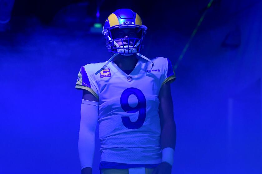 Inglewood, CA. September 12, 2021: Rams quarterback Matthew Stafford waits to be introduced before a game.