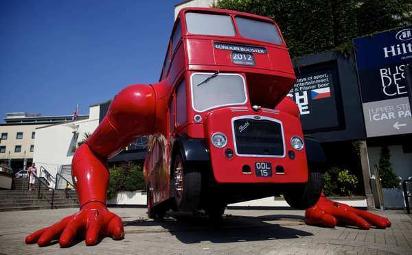 Working out isn't just for Olympians. "London Booster," a work by Czech artist David Cerney, does push ups with its hydraulic arms. The six-ton installation, created from a vintage double-decker bus, also groans as it exercises.