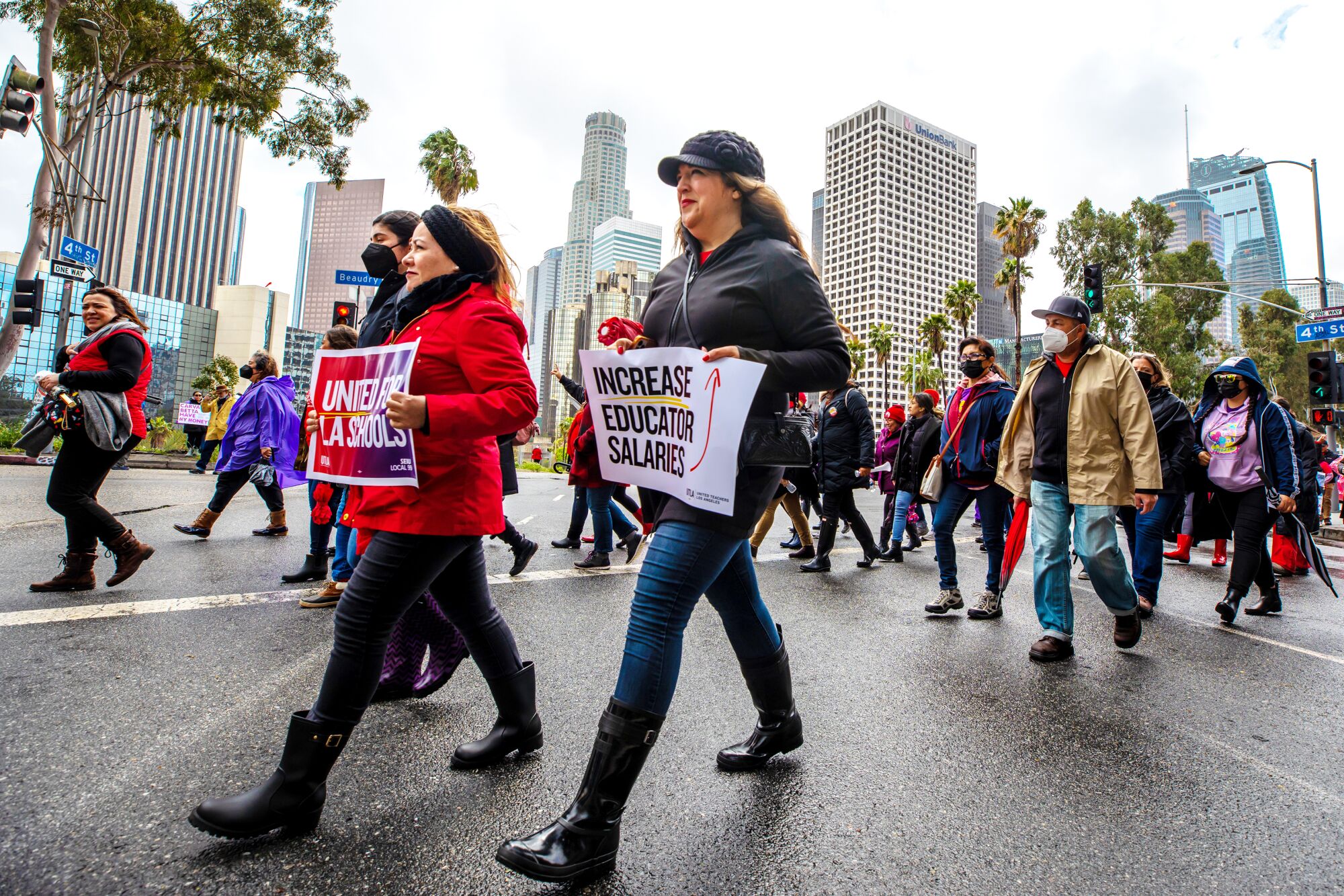 LAUSD employees rally on the first day of three day strike in front of LAUSD Headquarters in Los Angeles