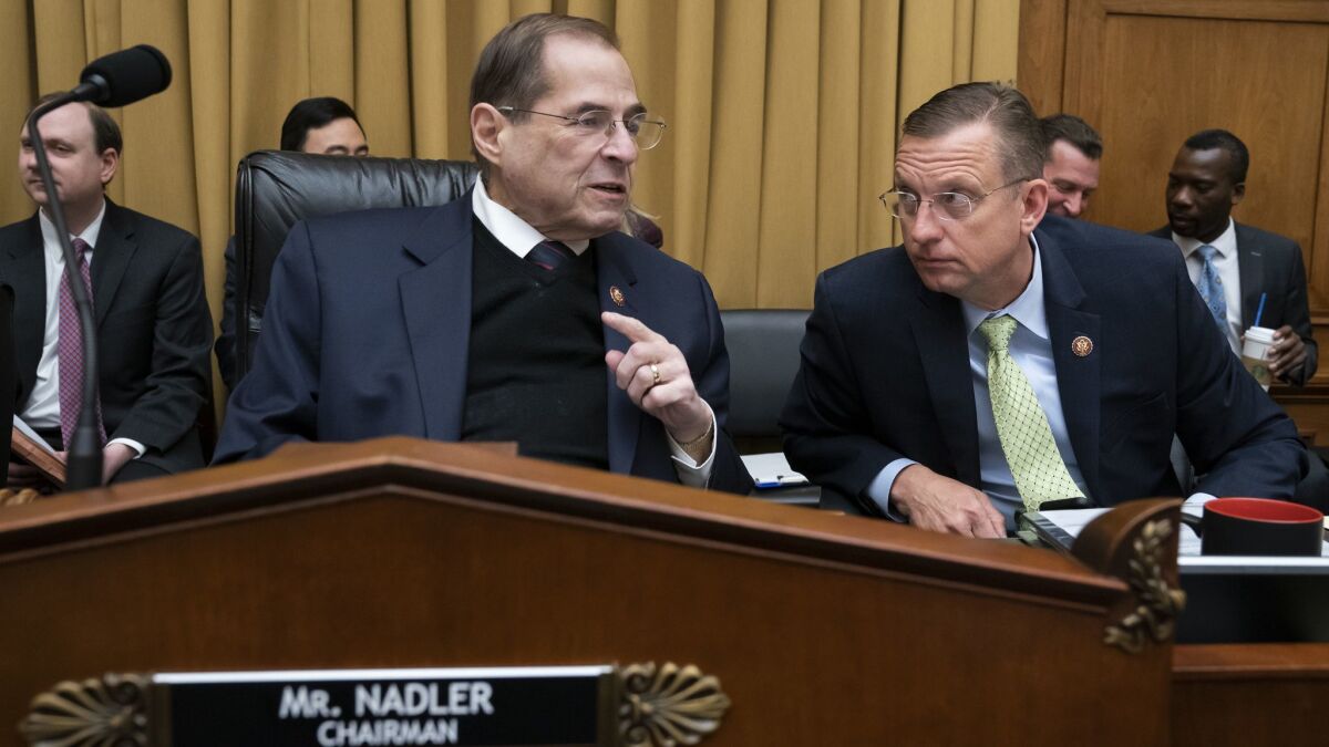 The House Judiciary Committee has voted to give Chairman Jerrold Nadler (D-N.Y.), center, permission to issue subpoenas for special counsel Robert S. Mueller III's final report.