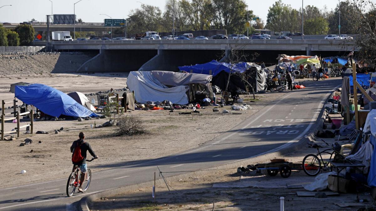 A homeless encampment along the Santa Ana River in Anaheim. Earlier this year, a federal judge ordered the encampment to be cleared.