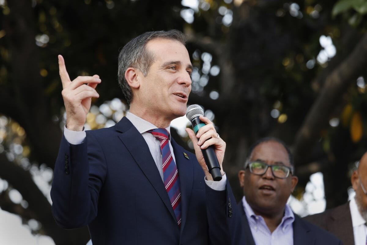 Mayor Eric Garcetti attends the unveiling of Obama Boulevard in March. Some remarks he made about the U.S. Embassy relocating to Jerusalem last month raised questions.