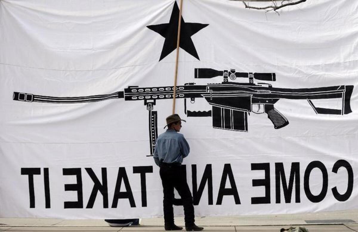 Austin Ehlinger helps hold a banner during a Guns Across America rally in Austin, Texas. Also Saturday, five people in three states were wounded in gun accidents.