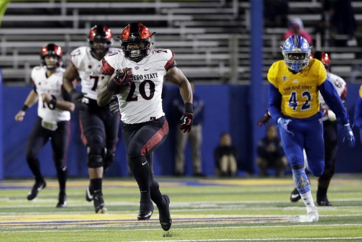 San Diego State running back Rashaad Penny (20) runs for a touchdown against San Jose State on Nov. 4.