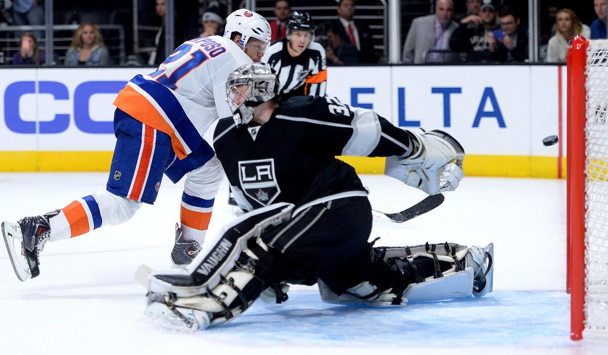 New York Islanders right wing Kyle Okposo scores against Kings goaltender Jonathan Quick in a Nov. 6 shootout at Staples Center.