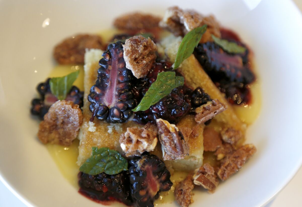 Olive oil cake with blackberries at Verdant inside OCMA.