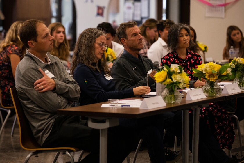 Drew Moser, Stephanie Kilkenny, Dan Novak and Lori Walton serve as judges during the Homelessness Innovation Challenge.