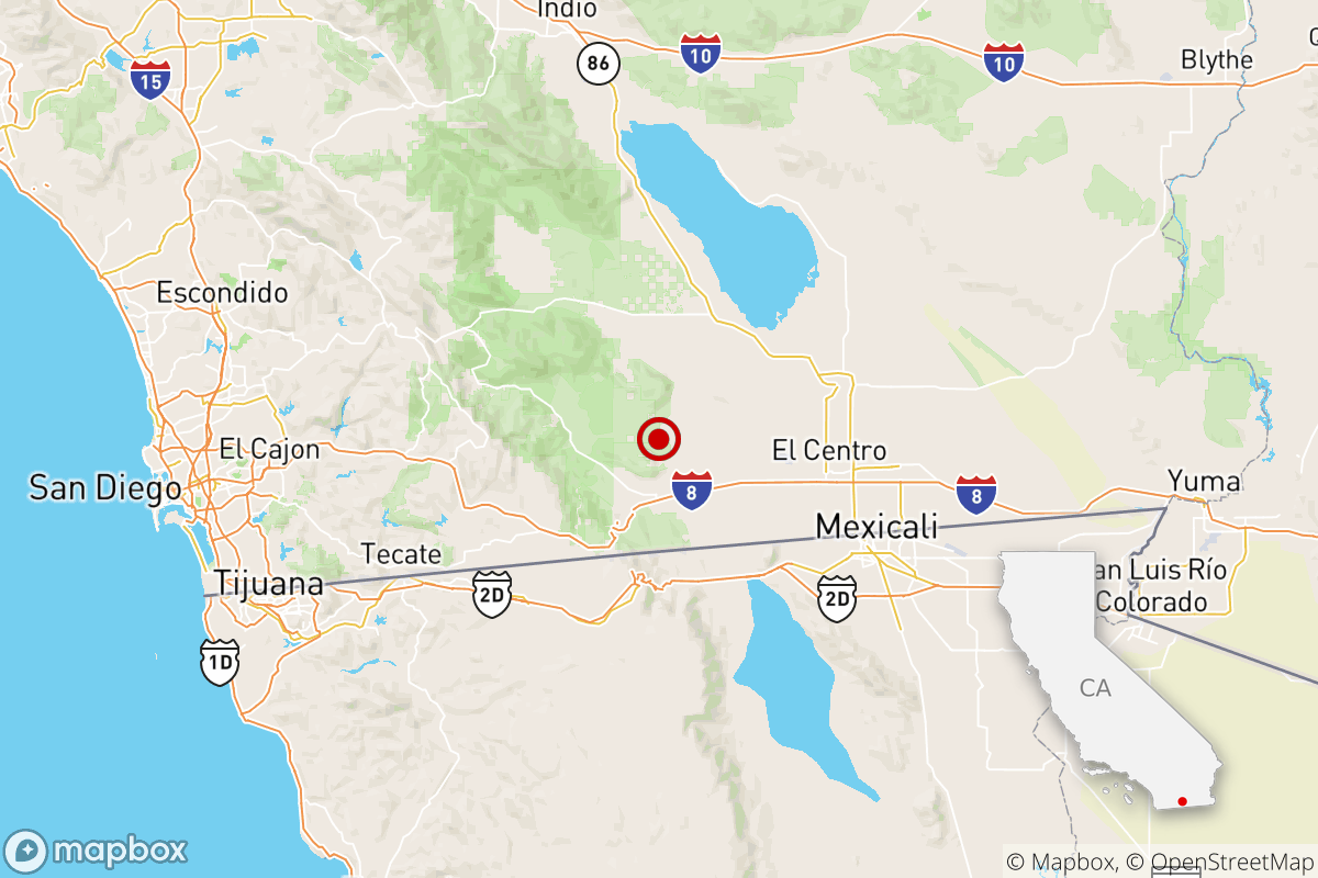 The location of a magnitude 3.4 earthquake Sunday evening near Imperial, Calif.