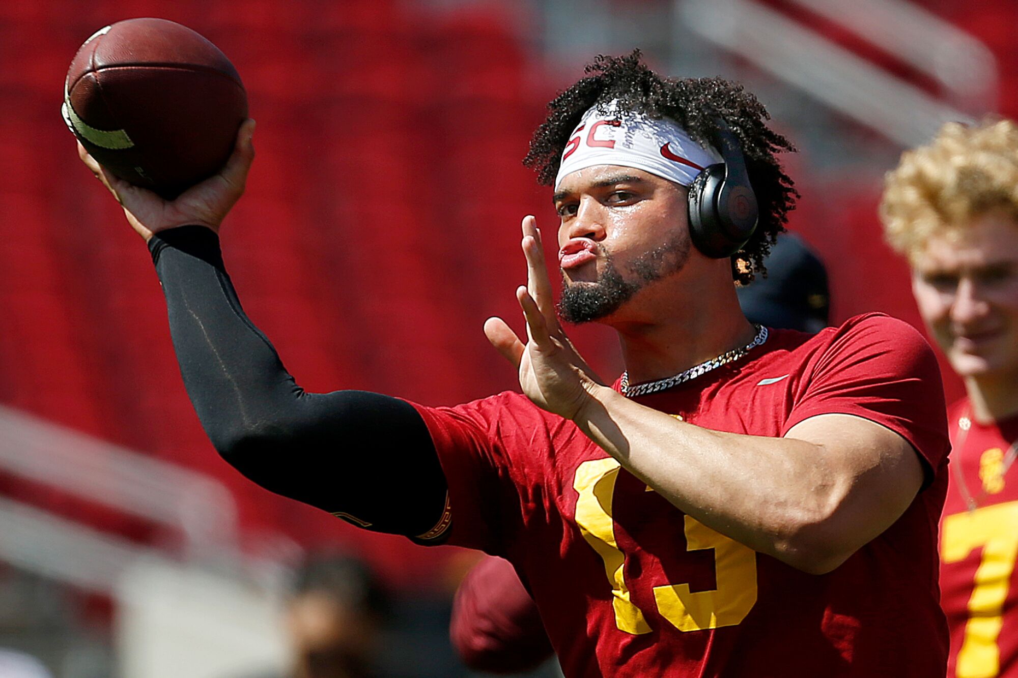 Caleb Williams warms for the USC Spring Game at the Coliseum on Saturday.