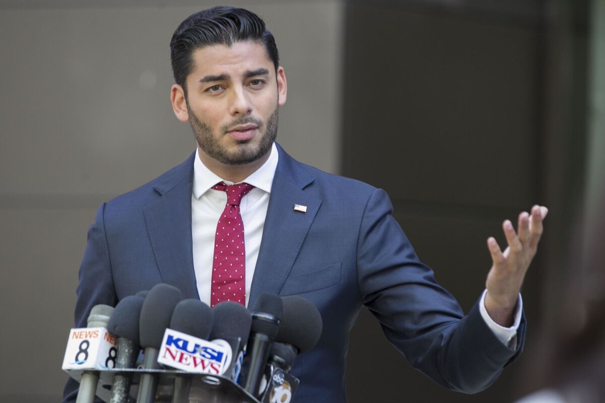 SAN DIEGO, CA.- AUGUST 23, 2018,- 50th congressional district candidate Ammar Campa-Najjar spoke outside of Federal Courthouse where his opponent representative Duncan D. Hunter was being arraigned in Federal Court in San Diego on charges that he and his wife Margaret Hunter misused $250,000 in campaign contributions.