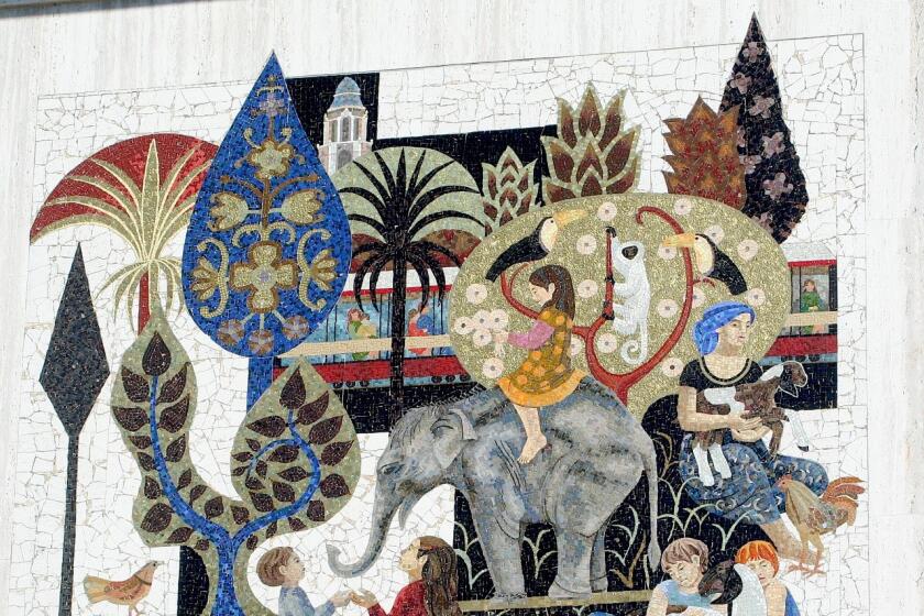 A large-scale mosaics located on the Chase Bank building in Pacific Beach which depicts the San Diego Children's Zoo in Balboa Park