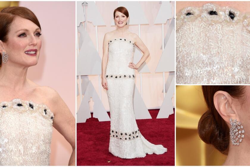 At the 2015 Oscars, Moore appeared in this custom Chanel gown, with 80,000 hand-painted resin sequins and flowers. The dress took 987 hours and 27 people to complete.