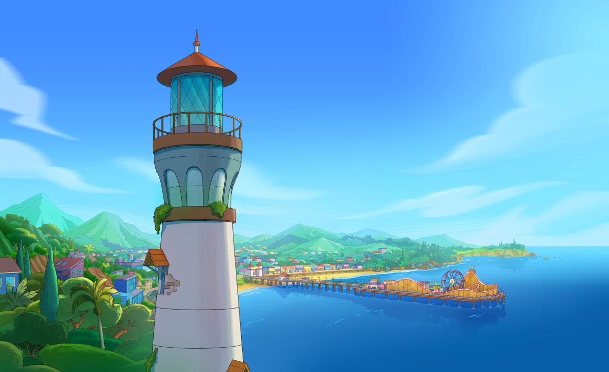 An artist's depiction of Oceanside in new Disney TV animated series, "Hailey's On It!" adds an amusement park to the pier.