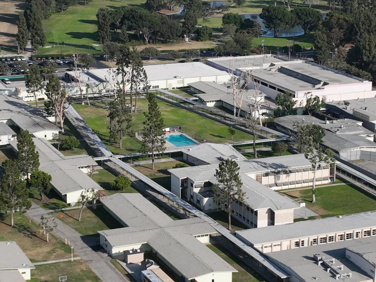 An aerial view of a complex of buildings.