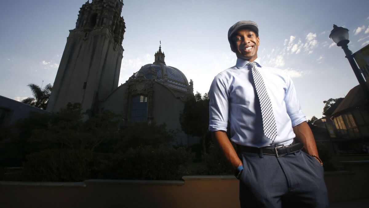 SAN DIEGO, CA: September 6, 2017 | Actor Edred Utomi photographed in Copley Plaza at the Old Globe Theatre in Balboa Park, is a University of San Diego graduate who has been in shows at the San Diego Repertory Theatre, Lamb's Players Theatre, and is in San Diego Musical Theatre's Ã¢â¬ÅPump Up the Volume," which closes September 10th.Ã¢â¬Â | Photo by Howard Lipin/San Diego Union-Tribune/Mandatory Credit: HOWARD LIPIN SAN DIEGO UNION-TRIBUNE/ZUMA PRESS