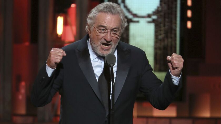 Robert De Niro introduces a performance by Bruce Springsteen (and tosses an expletive at President Trump) during the Tony Awards on Sunday at Radio City Music Hall in New York.