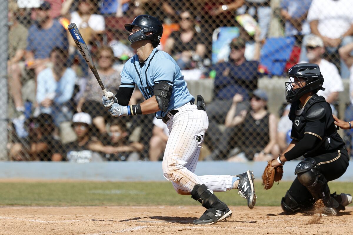 Villa Park junior shortstop Gavin Grahovac watches the flight of the ball as he exits the batter's box.