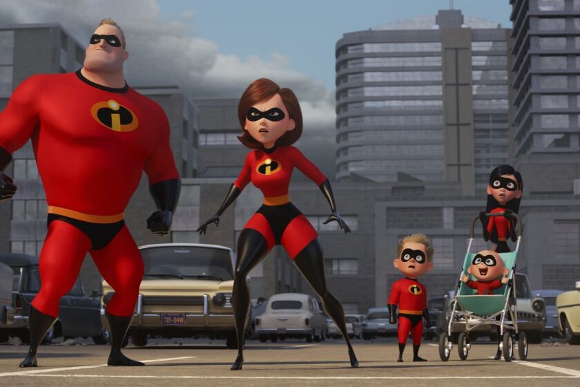 This image released by Disney Pixar shows characters, from left, Bob/Mr. Incredible, voiced by Craig T. Nelson, Helen/Elastigirl, voiced by Holly Hunter, Dash, voiced by Huck Milner, Jack Jack and Violet, voiced by Sarah Vowell in "Incredibles 2," in theaters on June 15. (Disney/Pixar via AP)
