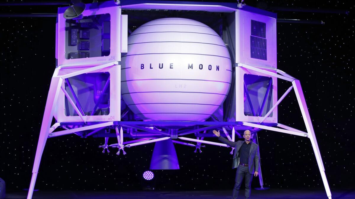 Jeff Bezos speaks in front of a mock-up of Blue Origin's Blue Moon lunar lander May 9 in Washington.