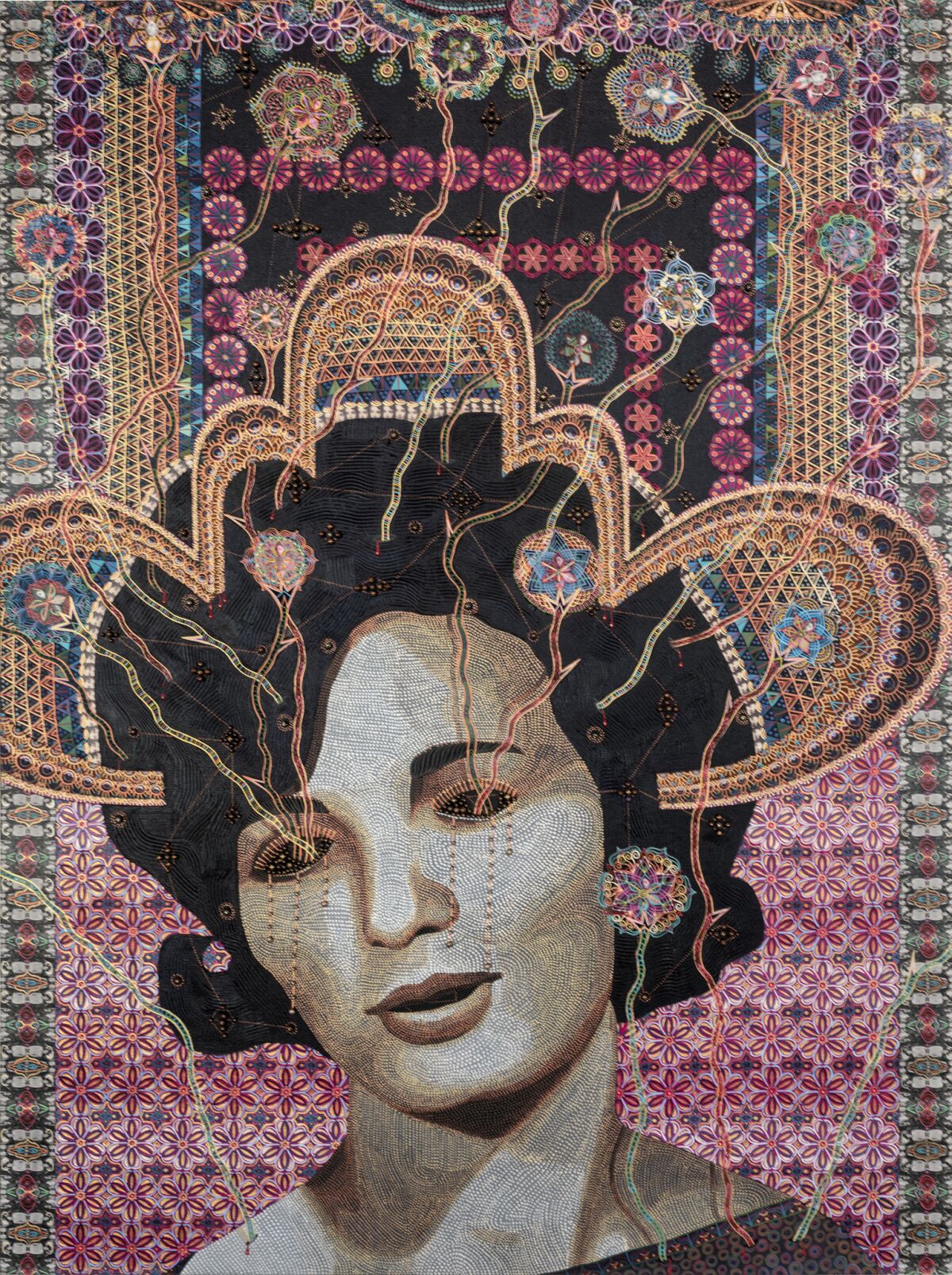 "Les Femmes d'Alger, #VI" by Asad Faulwell, 2018. Acrylic, pins and photo collage on canvas, 48 inches by 36 inches.