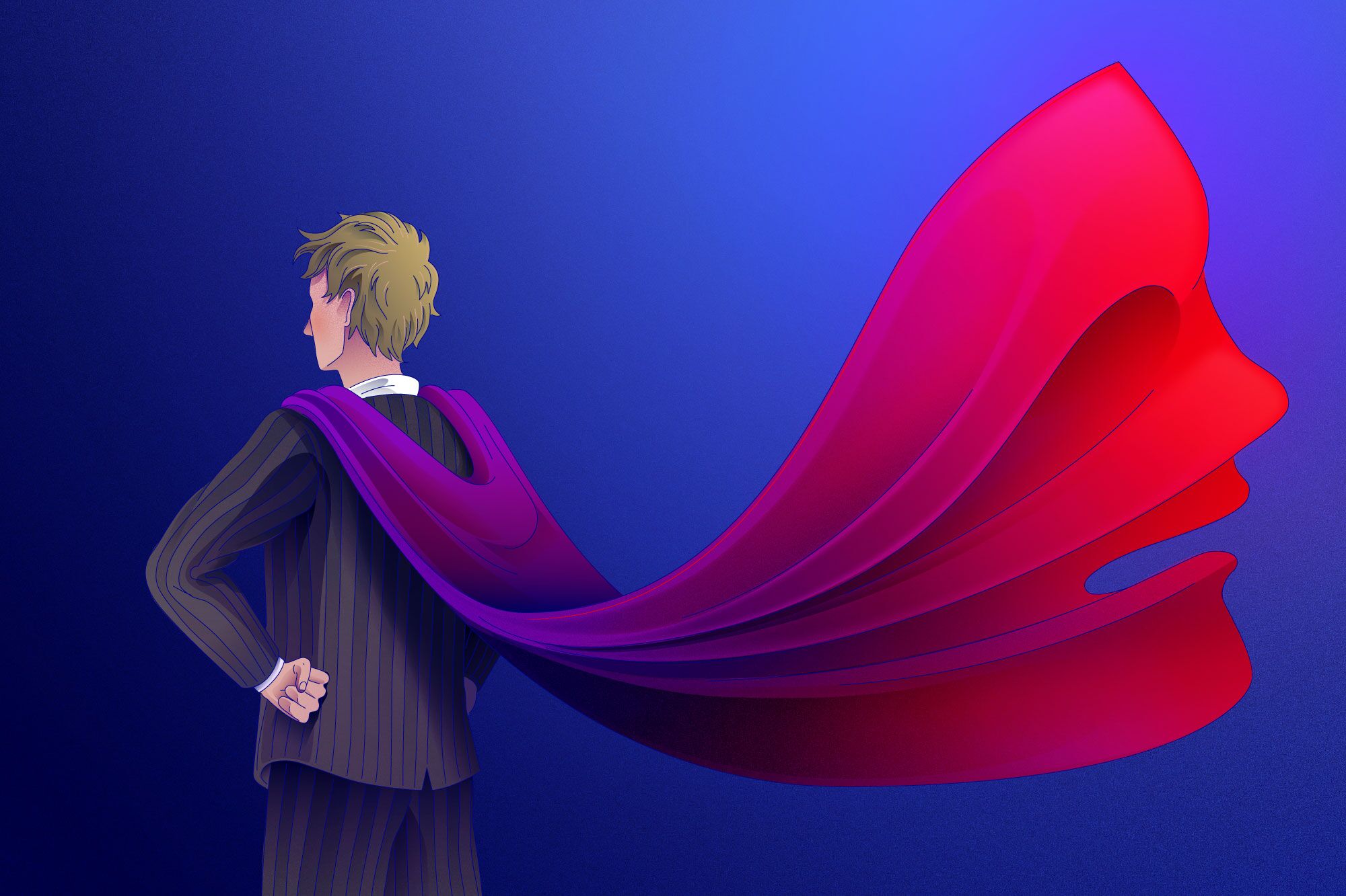 Illustration of talent agent wearing superhero cape with female silhouette