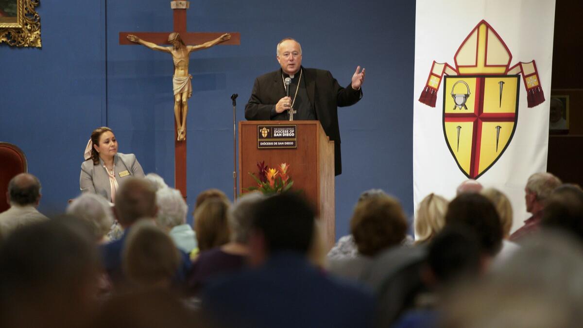 Catholic Bishop Robert Walter McElroy speaks with the congregation at Our Mother of Confidence in University City.
