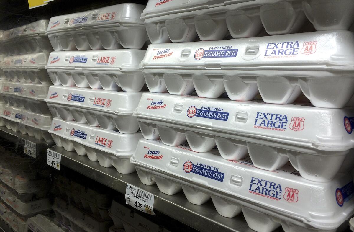 Eggs packed in polystyrene containers sit on a supermarket shelf.