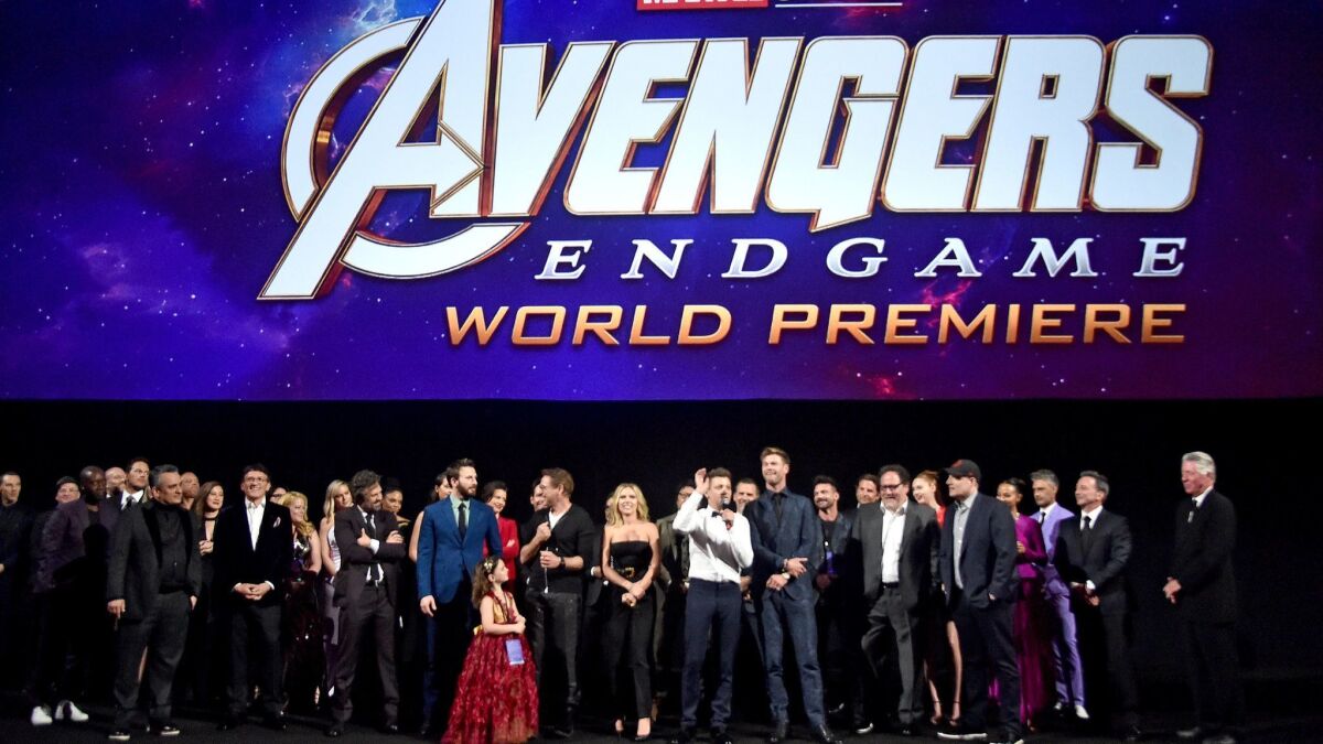 The filmmakers and stars of "Avengers: Endgame" gather onstage at the movie's premiere at the Los Angeles Convention Center.