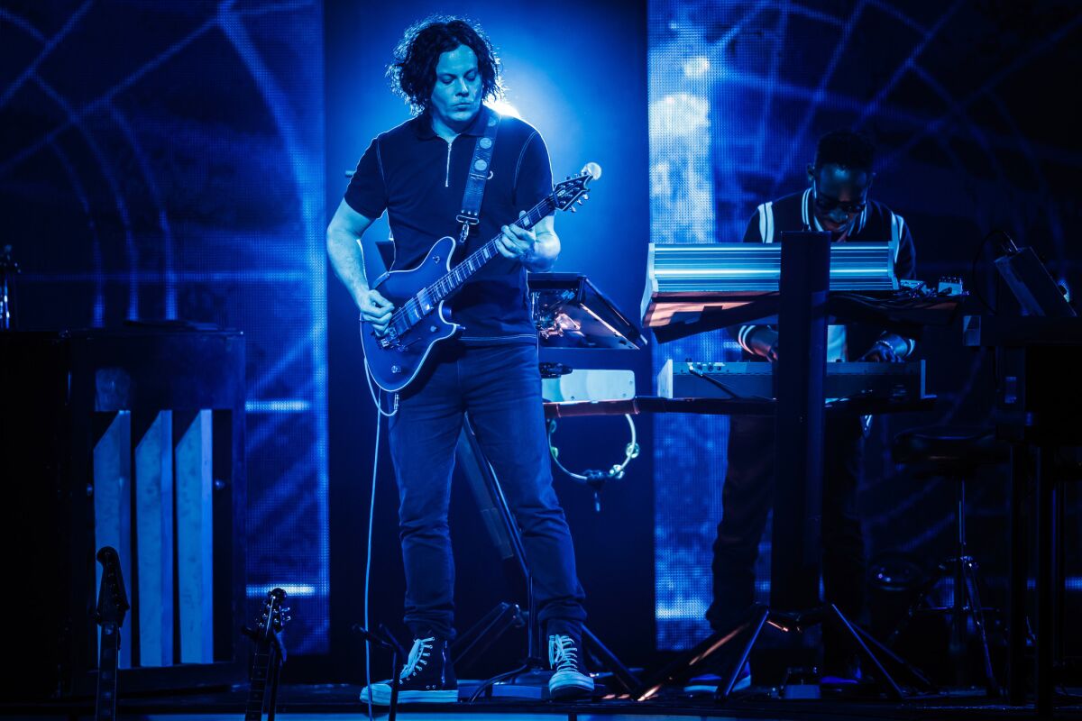 Singer and songwriter Jack White from the U.S. performs on the Auditorium Stravinski stage during the 52nd Montreux Jazz Festival, in Montreux, Switzerland, Tuesday, July 10, 2018. (Valentin Flauraud/Keystone via AP)