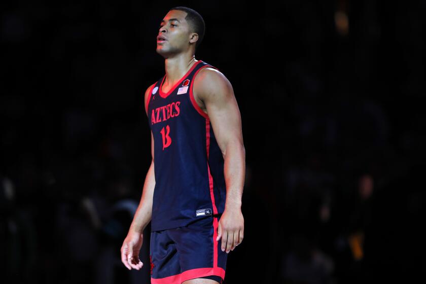 Boston, MA- March 28: San Diego State's Jaedon LeDee is introduced before playing UConn during a NCAA Tournament Sweet 16 game at the TD Garden on Wednesday, March 28, 2024 in Boston, MA. (K.C. Alfred / The San Diego Union-Tribune)