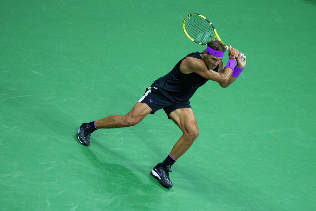 Rafael Nadal hits a return during his semifinal victory over Matteo Berrettini at the U.S. Open on Friday.